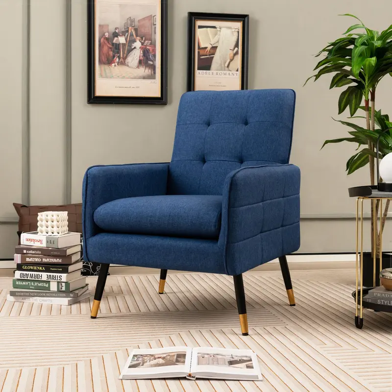 Blue Linen Accent Chair With Removable Cushion And Modern Single-Sofa Design 1