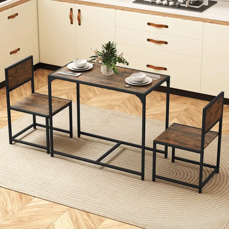 Brown 3-Piece Dining Set: Metal-Frame Table & Low-Back Chairs 1