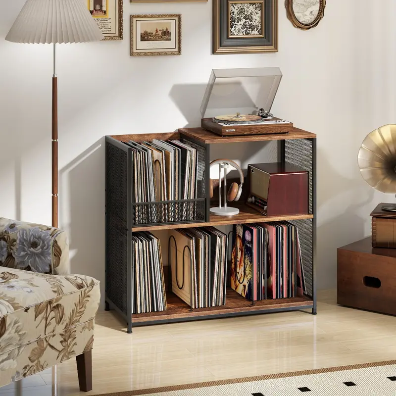 Brown 3-Tier Record Player Stand – Vinyl Storage Shelf With Three Adjustable Dividers 1