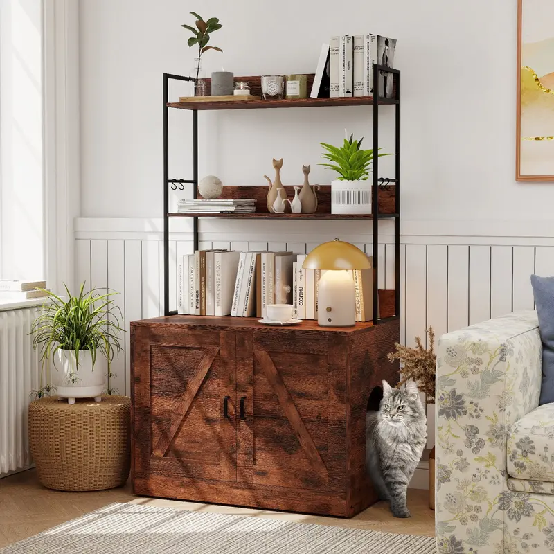 Brown Cat Litter Box Enclosure Cabinet With Metal Frame And Three-Tier Organizational Shelves 1