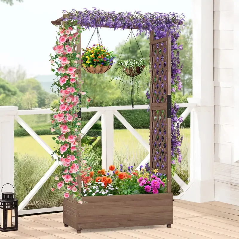 Brown Fir Wood Raised Garden Bed With Dual Trellis & Hanging Roof Cover 1