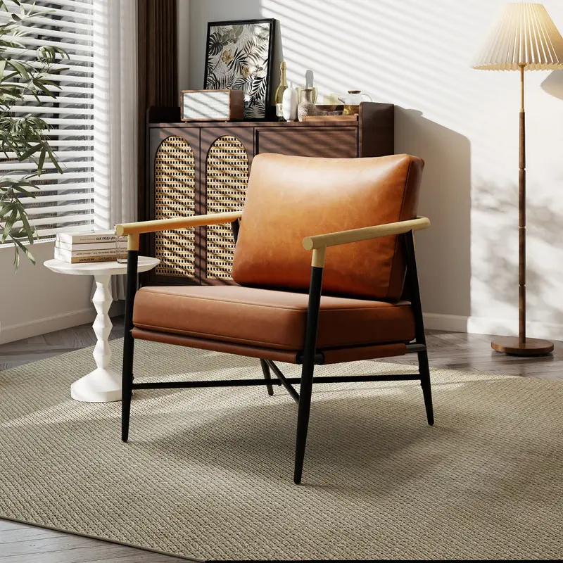 Brown Pu Leather Accent Chair With Detachable Lumbar Pillow 1