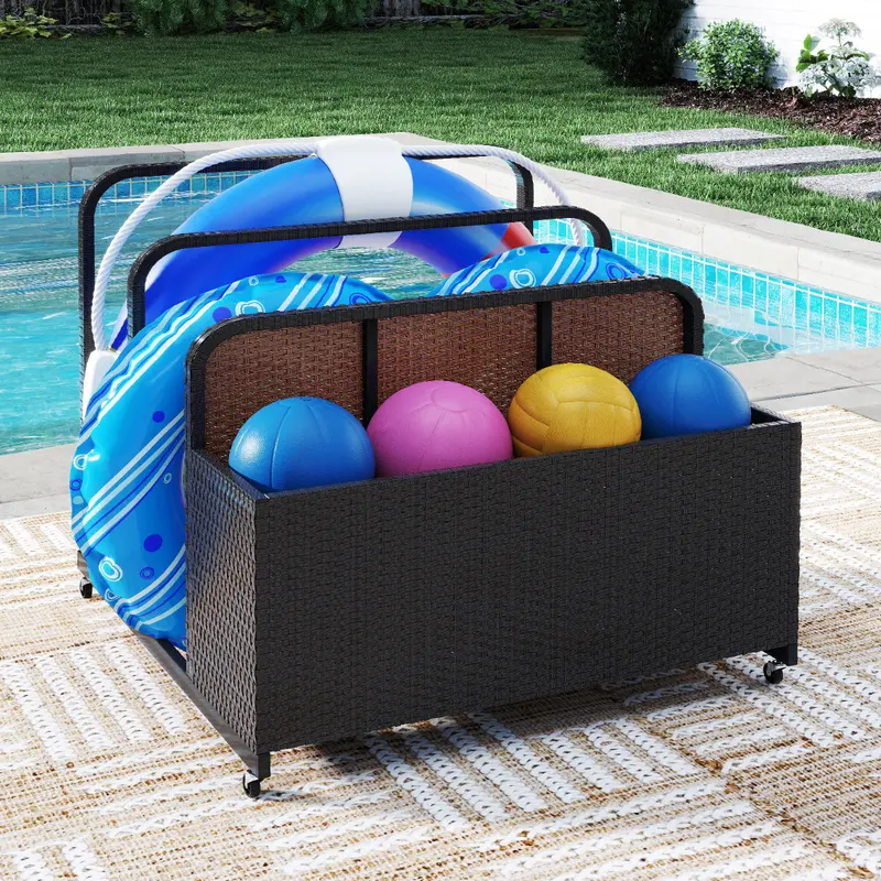 Brown Wicker Pool Float Storage Basket For Patio Or Poolside Organization 1