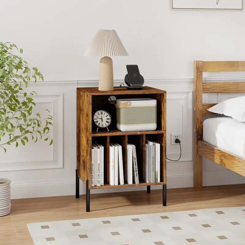 Brown Woodgrain Turntable Stand With Built-In Charging Ports & 5 Storage Zones 1