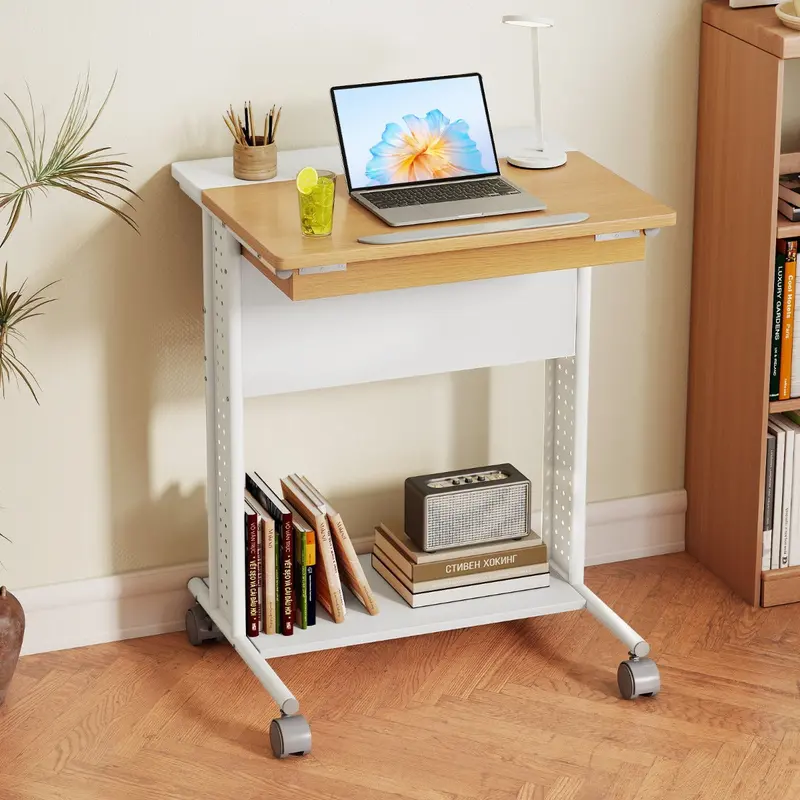 C-Shaped Mobile Laptop Cart For Flexible Workspace Use – Natural Wood Accents 1