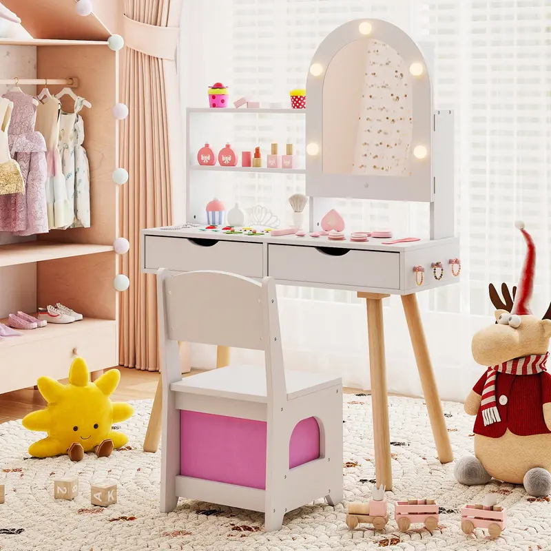 Children’S Pretend Play Vanity Set With Adjustable Led Light Modes – White 1