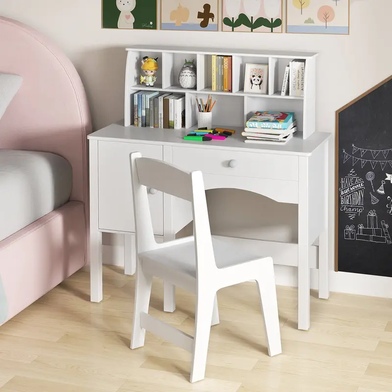 Children’S Study Desk And Chair Set With Hutch And Cabinet – White 1
