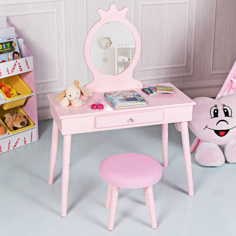 Child’S Vanity Dressing Table Set – Pink With Cushioned Stool 1