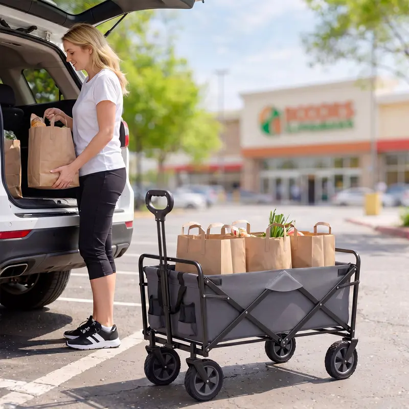 Collapsible Wagon Cart With Adjustable Handle And Built-In Cup Holders (Grey) 1