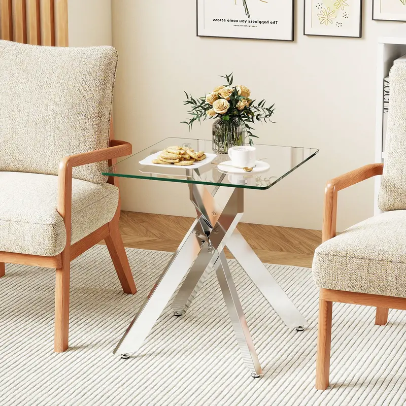 Contemporary Glass Side Table With Tempered Top & Sleek Metal X-Base – Silver Finish 1