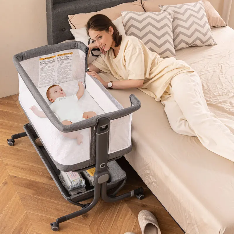 Dark Grey Bedside Baby Bassinet With 6-Position Height Adjustment & Storage Shelf 1
