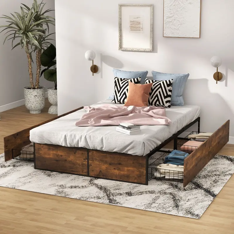 Double Metal Bed Frame With Four Castor-Mounted Underbed Drawers (190X135X33 Cm) 1