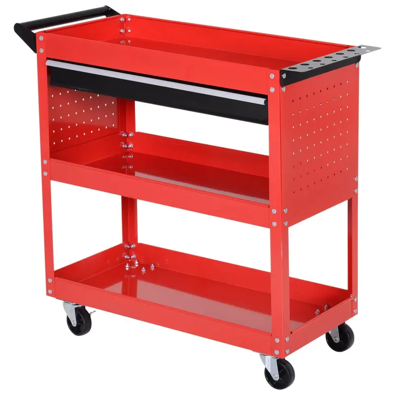 Durhand 3-Tier Rolling Tool Cart With Drawer – Red Diy Workshop Storage Trolley For Garage Or Craft Space 1