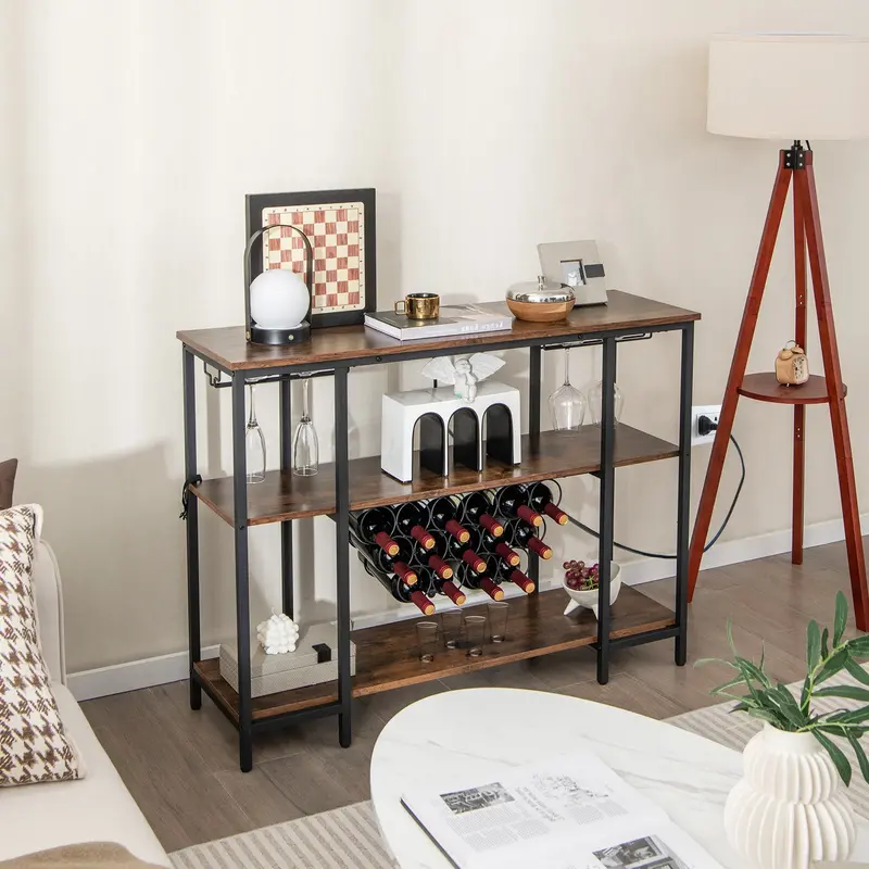 Elegant Wine Storage Cabinet With Integrated Bottle Holders & Open Shelving – Warm Brown 1