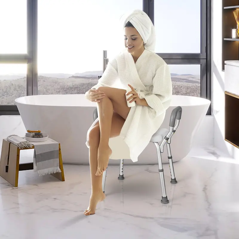 Ergonomic Shower Seat With Detachable Padded Armrests & Non-Slip Rubber Feet – 6 Height Settings, Gray 1