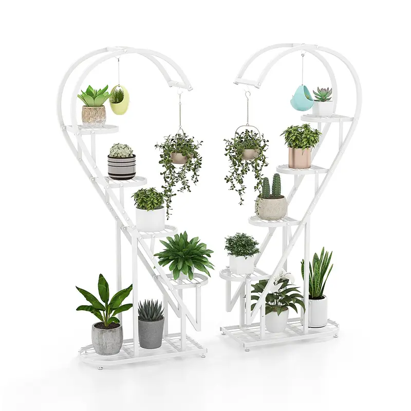 Five-Tier White Metal Plant Stand – Heart-Shaped Design With Hanging Hooks 1