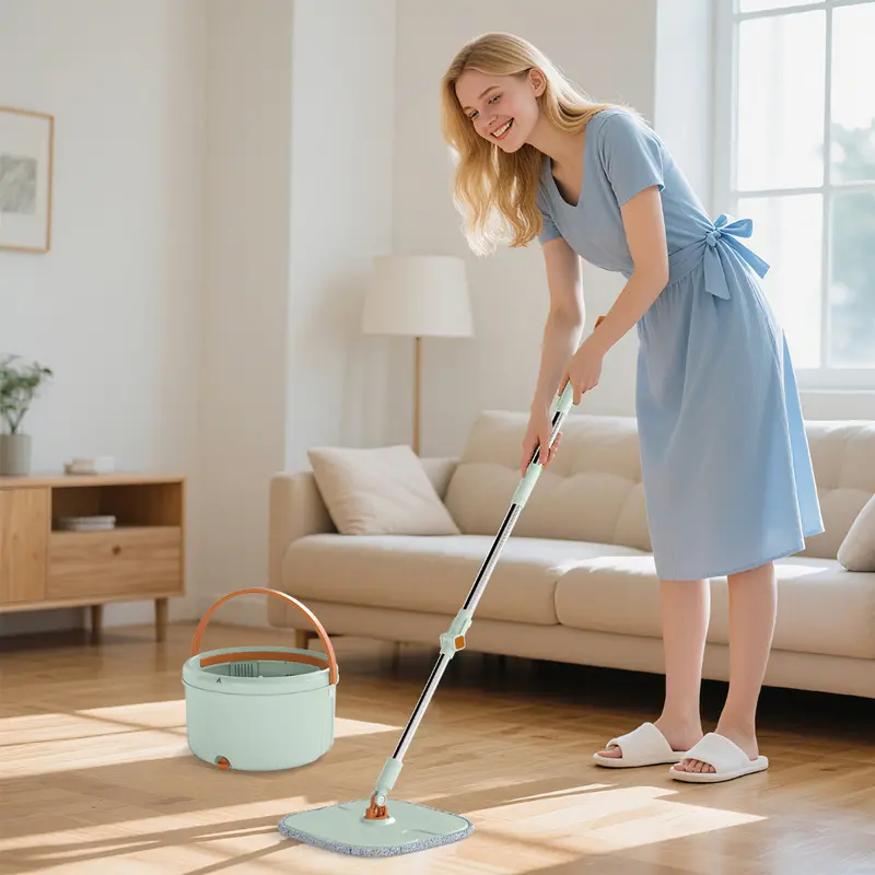 Flat Mop And Bucket System With Reusable Microfiber Pads – Green 1