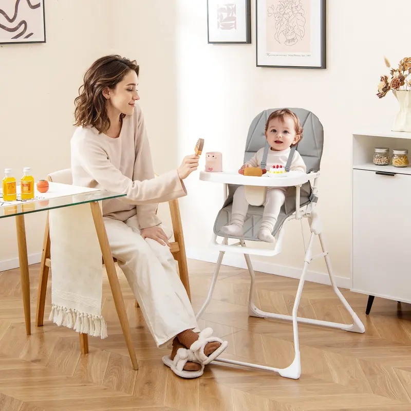 Foldable Infant High Chair With Detachable, Height-Adjustable Tray – Grey 1