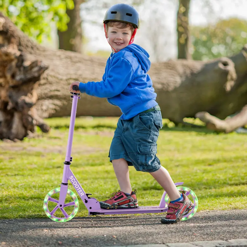 Foldable Kick Scooter For Kids & Teens—Height-Adjustable Handlebars, Large Wheels, And Led Lights In Purple 1