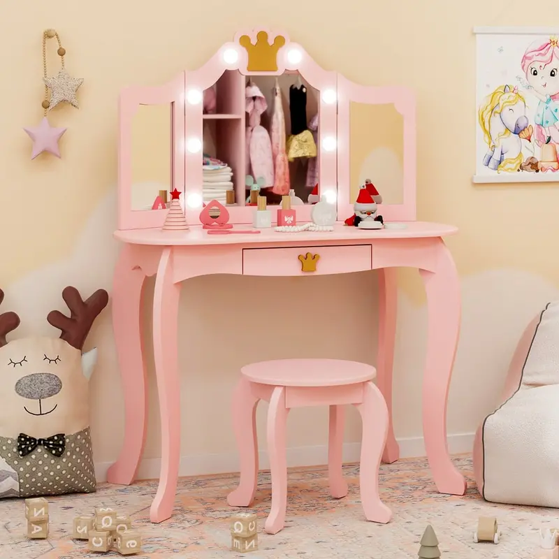Functional Pink Vanity Set – Lighted Mirror, Pull-Out Drawer, And Matching Stool 1