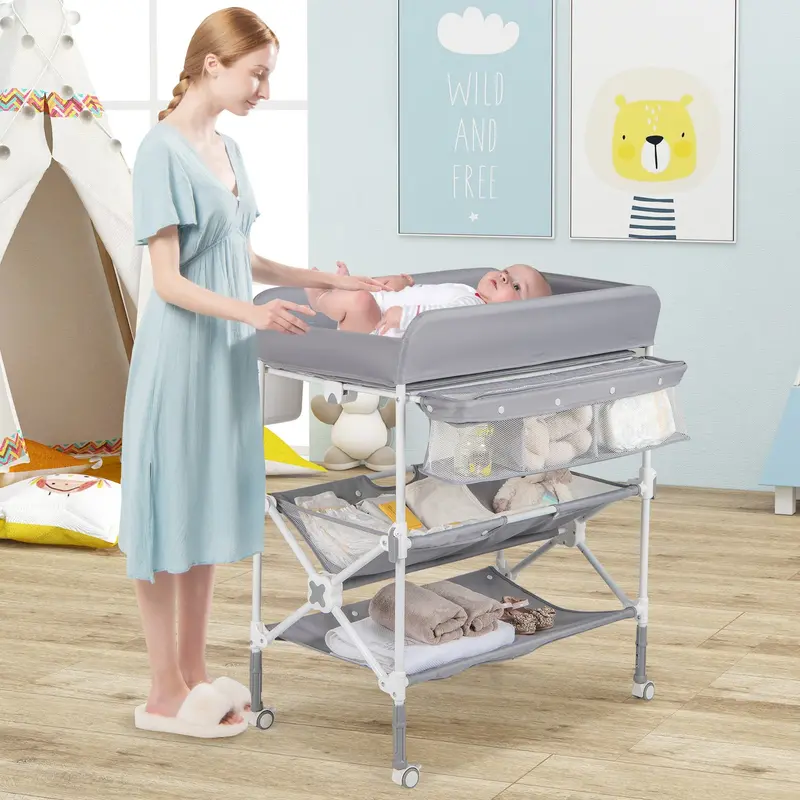 Grey Foldable Baby Changing Station – Adjustable Height And Smooth-Rolling Casters 1