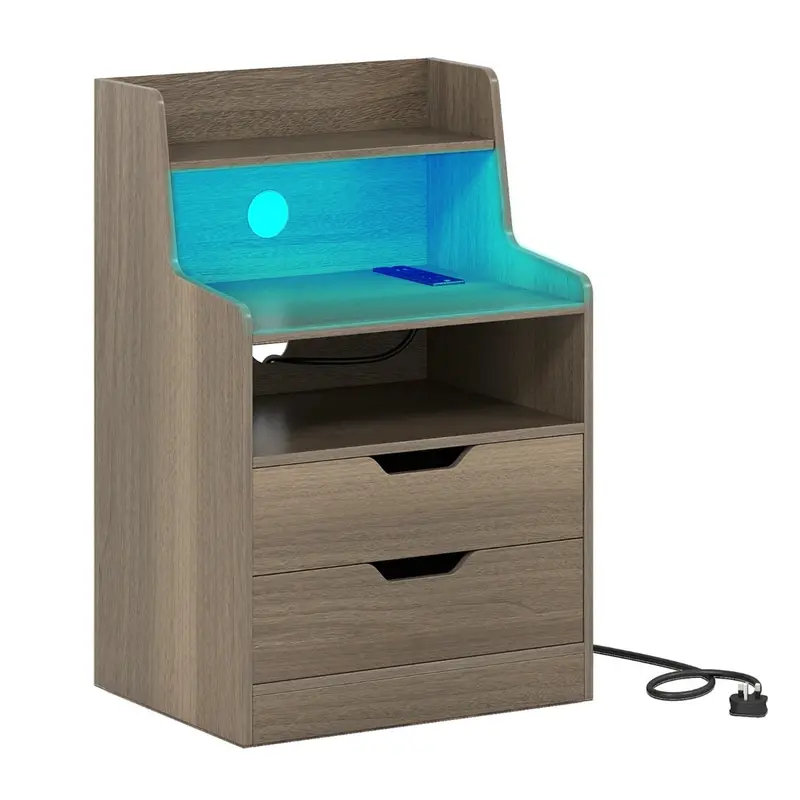 Grey Led Nightstand With Dual Charging Ports, Two Drawers, And Open Shelf 1