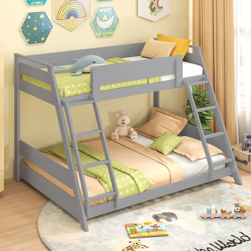 Grey Single-Over-Double Bunk Bed With Integrated Ladders And Safety Guardrails 1