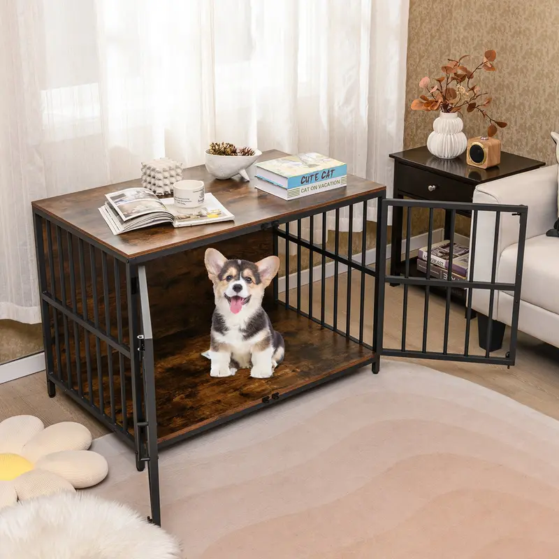 Heavy-Duty Furniture-Style Dog Crate With Dual Locking Doors – Rustic Brown Finish 1