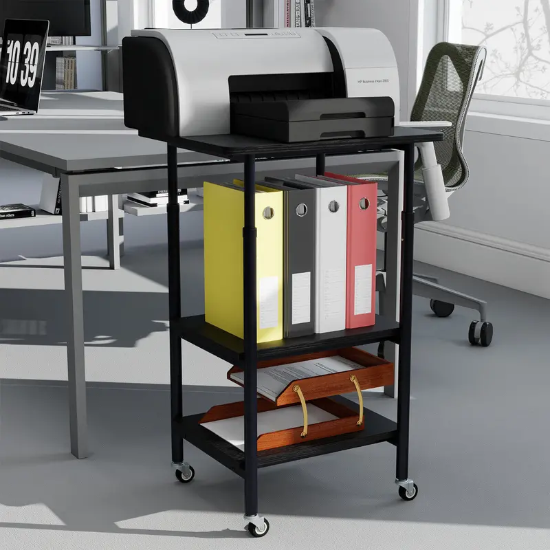 Height-Adjustable Printer Stand With Locking Casters And Multi-Level Storage – Black 1