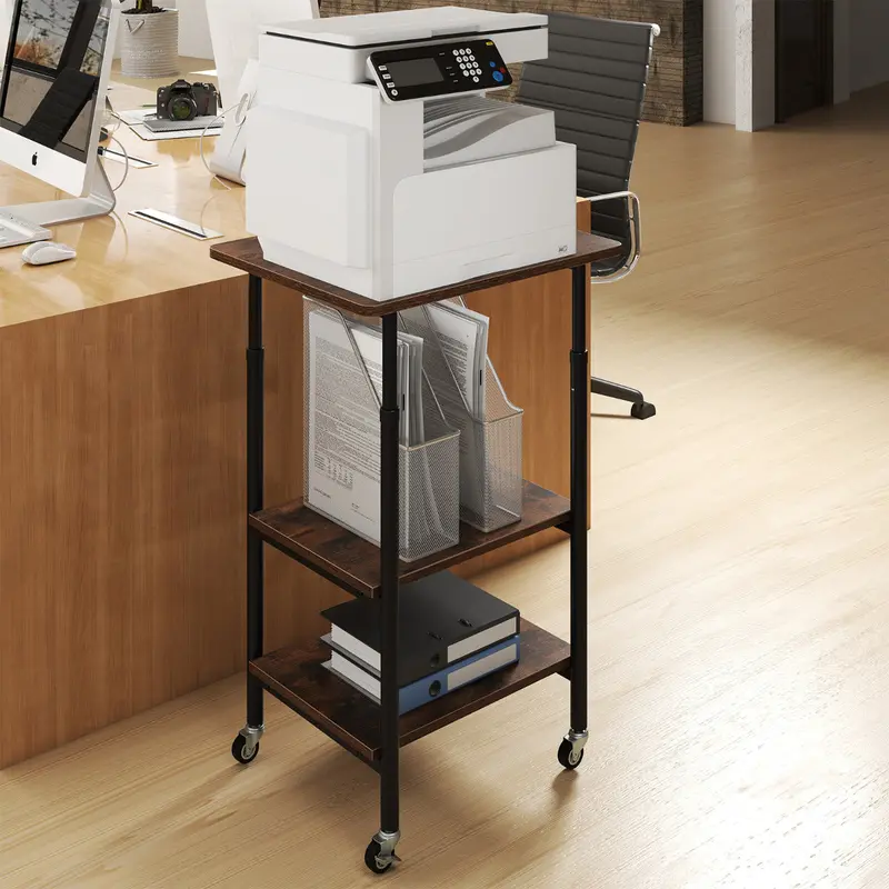 Height-Adjustable Printer Stand With Locking Casters And Multi-Level Storage – Rustic Brown 1