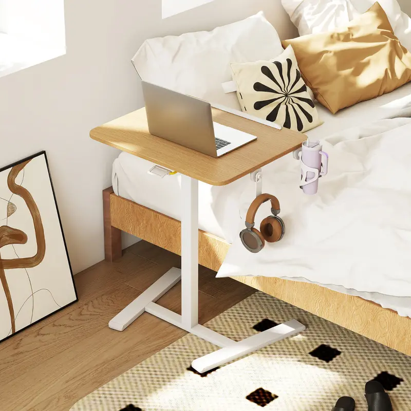 Height-Adjustable Rolling Laptop Desk With 90° Tilting Surface – Natural Finish 1