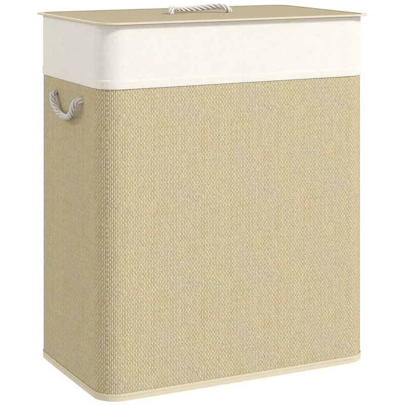 Homcom 100L Double-Separation Bamboo Laundry Basket With Lid – Cream White Finish, Removable Liners 1