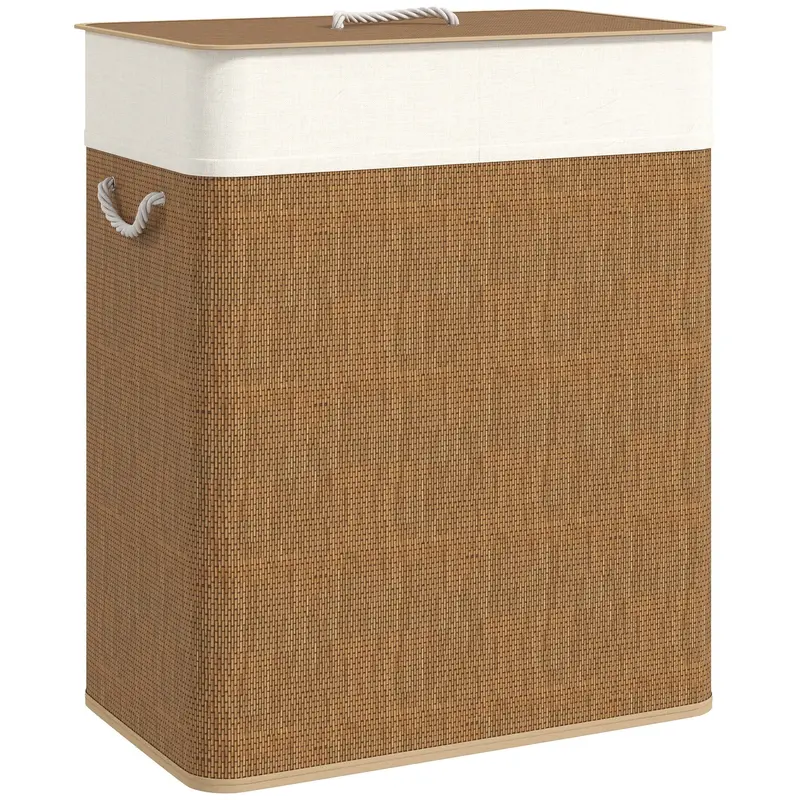 Homcom 100L Dual-Compartment Bamboo Laundry Basket With Lid – Brown Finish, Removable Liners 1