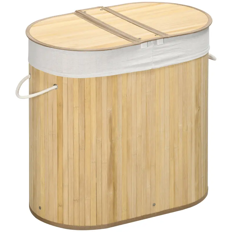 Homcom 100L Natural Bamboo Laundry Hamper – Dual-Compartment Basket With Removable Liner (62.5X37X60.5 Cm) 1