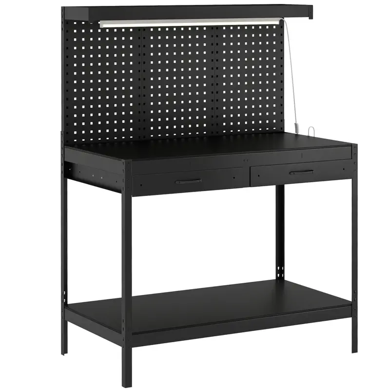 Homcom 110 Cm Heavy-Duty Workbench – Steel Work Table With Pegboard, Built-In Power Strip & Led Task Light 1