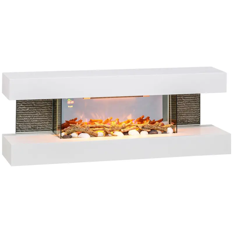 Homcom 120Cm Wall-Mountable Electric Fireplace – Glass Front, Adjustable Flame & Heat, Mantel Design, Remote Control (2000W, White) 1