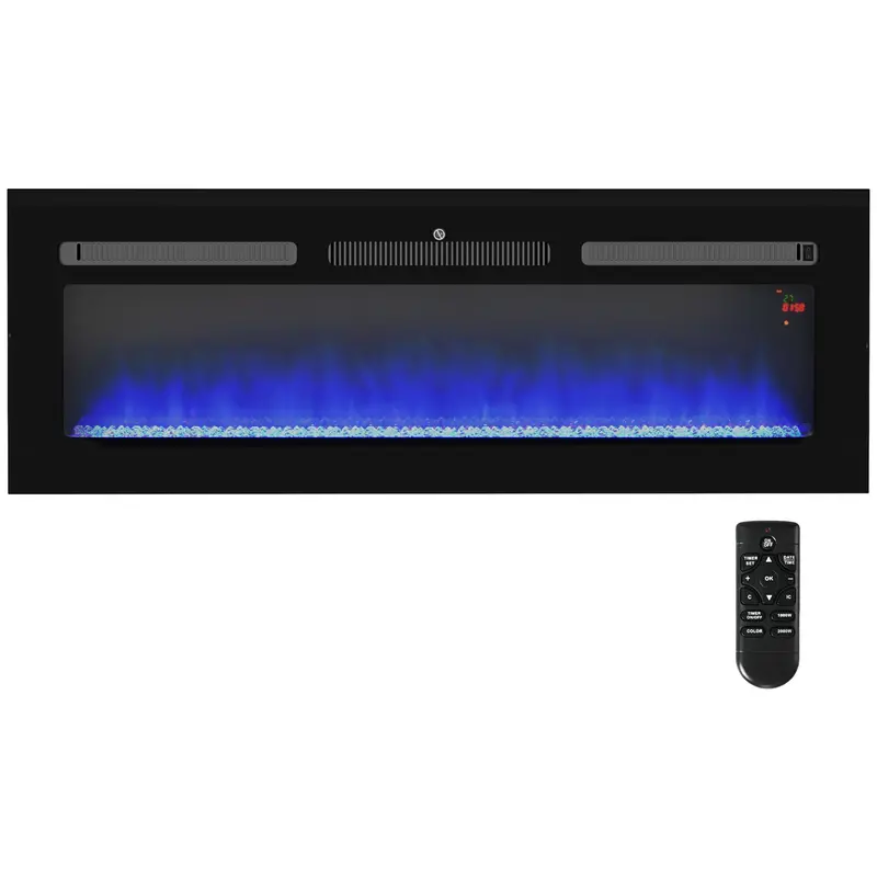 Homcom 127 Cm Recessed Electric Fireplace – 2000W Wall-Mounted Heater With Remote, 9 Flame Effects & Crystal Embers – Black 1