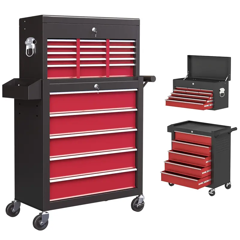 Homcom 14-Drawer Rolling Tool Chest – Two-Section Design With Casters, Red 1
