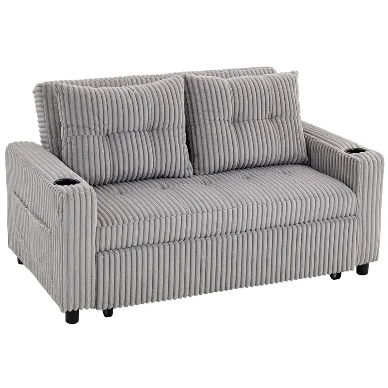 Homcom 2-Seater Pull-Out Sofa Bed – Soft Corduroy Convertible Couch In Light Grey 1