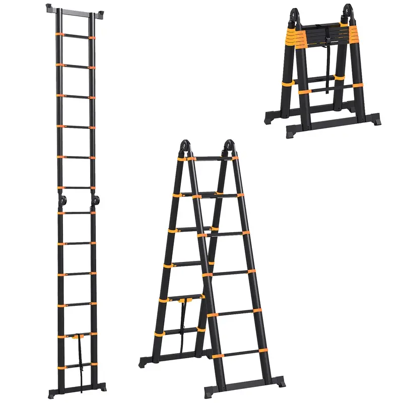Homcom 3.8M Dual-Function Aluminium Extension Ladder – Yellow With Built-In Tool Holder 1