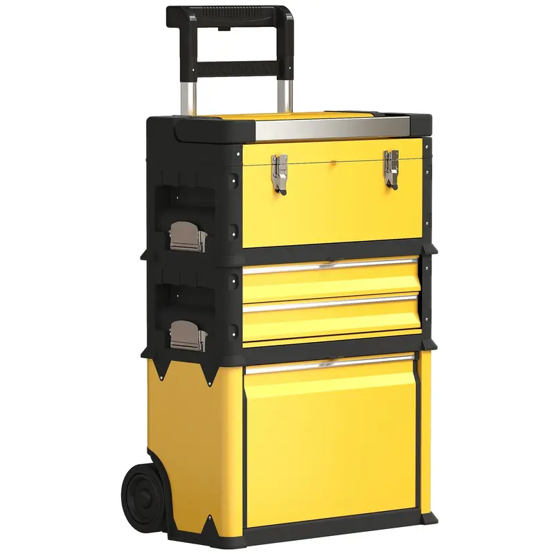 Homcom 3-In-1 Stackable Rolling Tool Cart – Mobile Yellow Workshop Organizer With Wheels 1