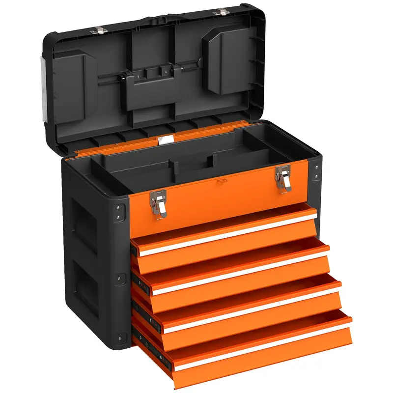 Homcom 4-Drawer Heavy-Duty Toolbox – Bright Orange Portable Storage Chest For Tools & Hardware 1