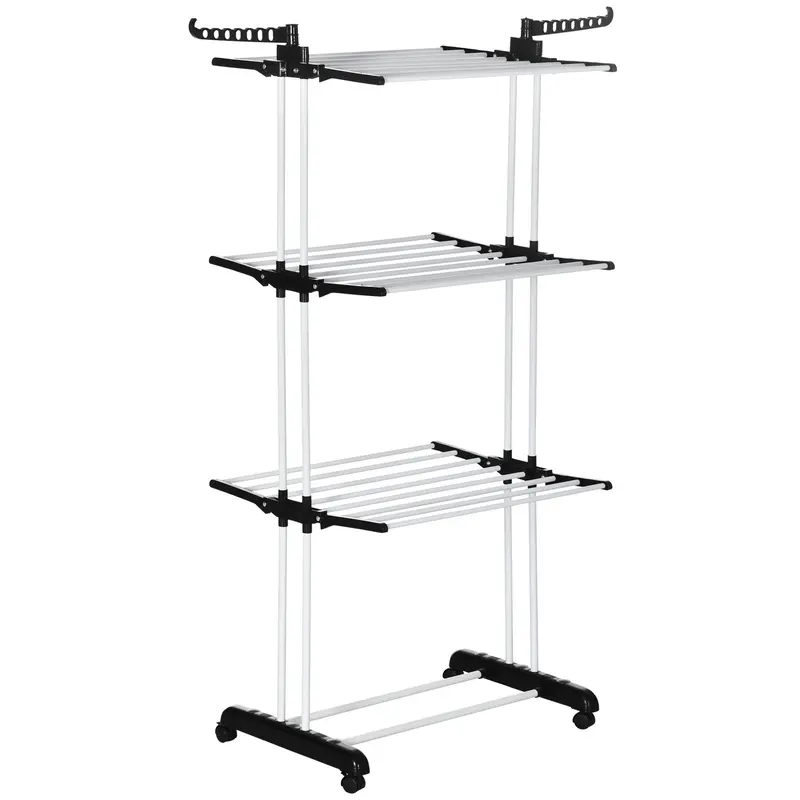 Homcom 4-Tier Foldable Clothes Drying Rack – Mobile Steel Laundry Stand With Castors For Indoor/Outdoor Use (Black) 1
