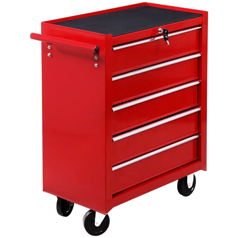 Homcom 5-Drawer Mobile Tool Chest – Lockable Steel Workshop Trolley With Side Handle And Castor Wheels, Red 1
