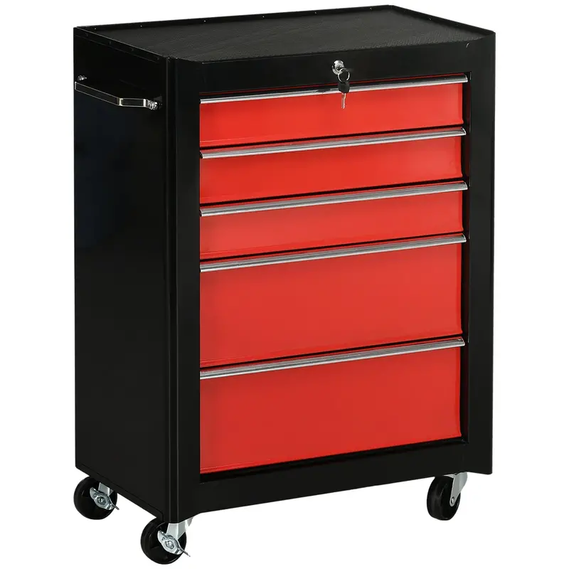 Homcom 5-Drawer Rolling Tool Chest – Red Lockable Steel Workshop Cabinet With Casters 1