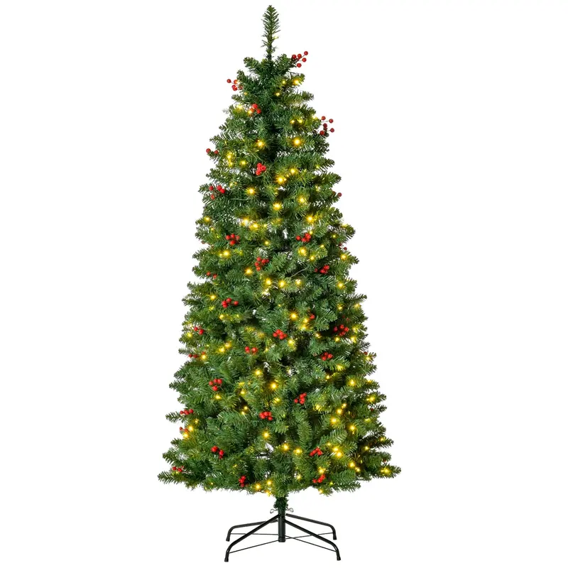 Homcom 5Ft Pre-Lit Pencil Christmas Tree – Warm White Leds & Red Berries, Artificial Xmas Decoration 1