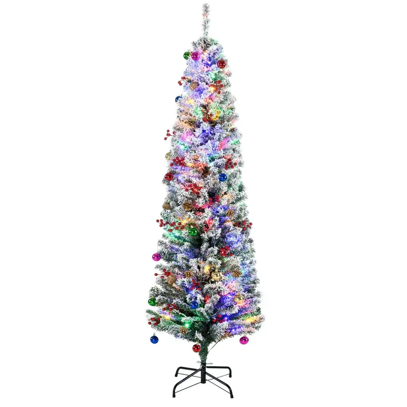 Homcom 6-Foot Pre-Lit Flocked Christmas Tree – Color-Changing Leds With Pinecone & Berry Decor 1