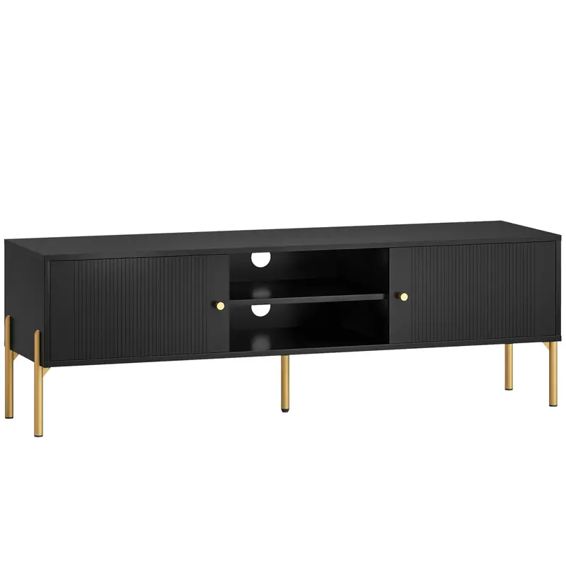 Homcom 65-Inch Tv Stand With Open Shelving, Closed Cabinets, And Modern Steel Legs – Black Entertainment Unit 1