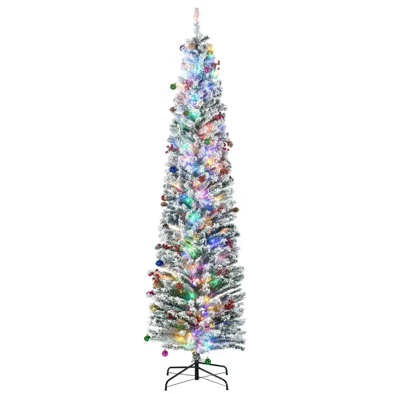 Homcom 7.5-Foot Flocked Artificial Christmas Tree – Colourful Led Lights With Pinecone & Berry Accents 1