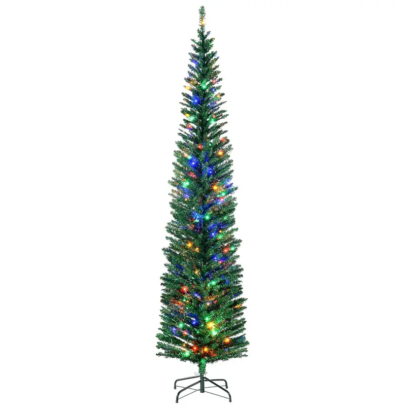 Homcom 7.5-Foot Pencil-Style Artificial Christmas Tree – Pre-Lit With Multicolour Led Lights & Steel Base 1